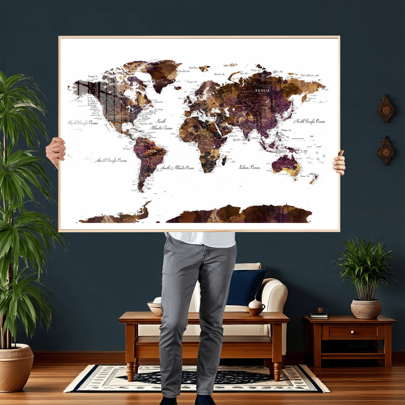 50611-MGV-CV-36X24 - Push Pin World Map Canvas Print – Framed Wall Art for Couples to Track Their Travels – Anniversary