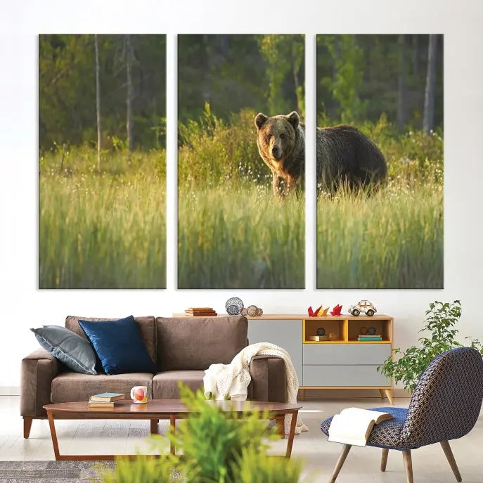 A museum-quality triptych wall art, titled "Wild Bears in Nature Canvas Print," elegantly decorates the living room.