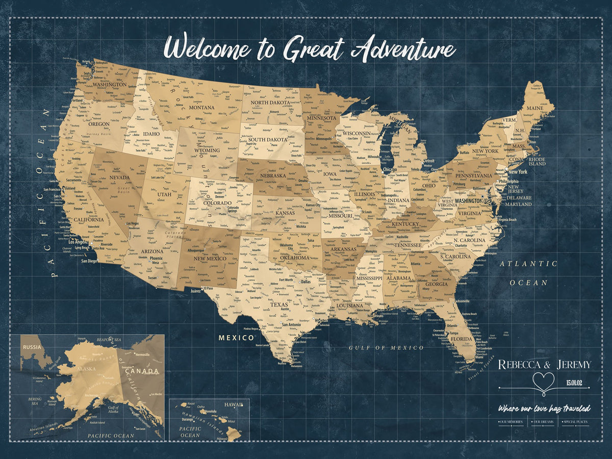 58851035-MGV-CV-36X24 - Custom Cream Push Pin USA Map Canvas Print, 50 State Bucket List Map, Family Room and Hallway Decor