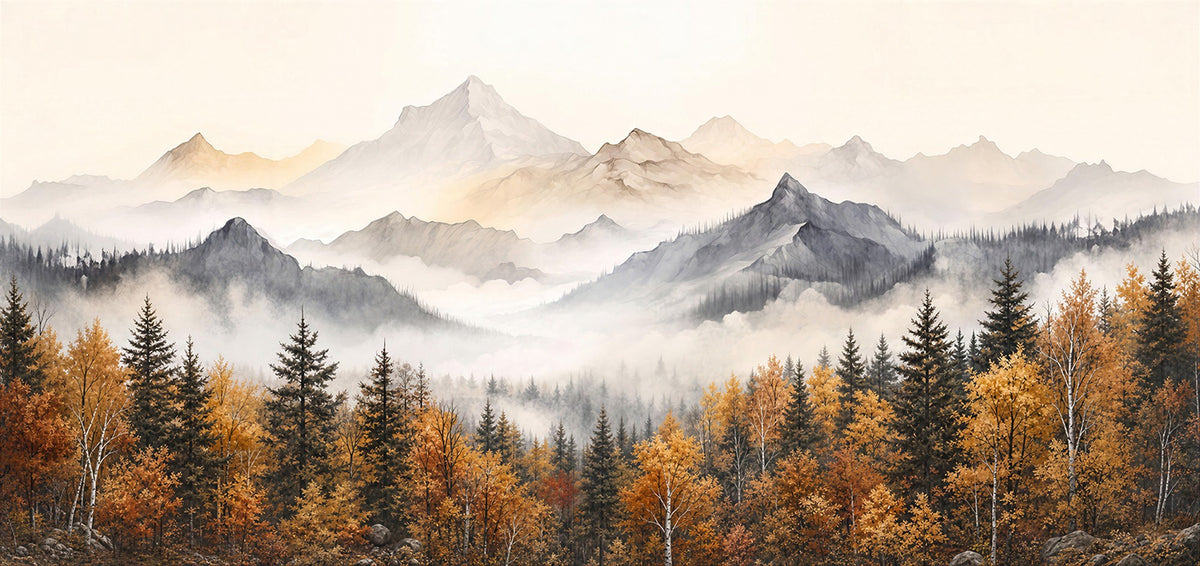 19544118-_Poster-30x20 - Misty Mountain Autumn Forest Canvas Wall Art - Watercolor Fall Nature Landscape Print