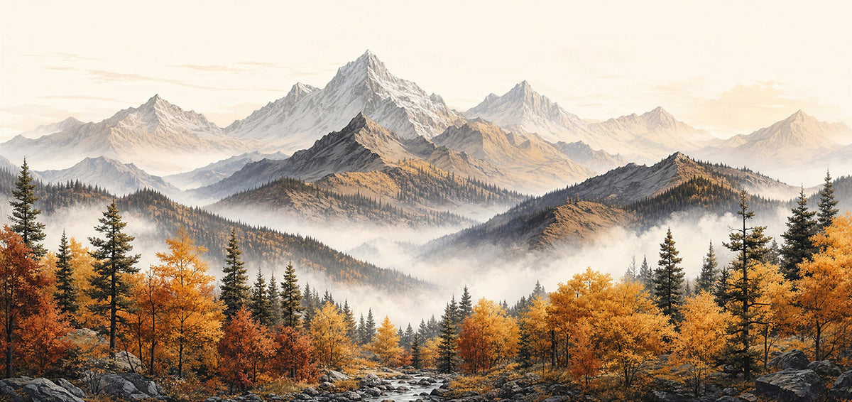 21309099-_Poster-30x20 - Extra Large Misty Mountain Autumn Forest Canvas Wall Art - Watercolor Fall Nature Landscape Print