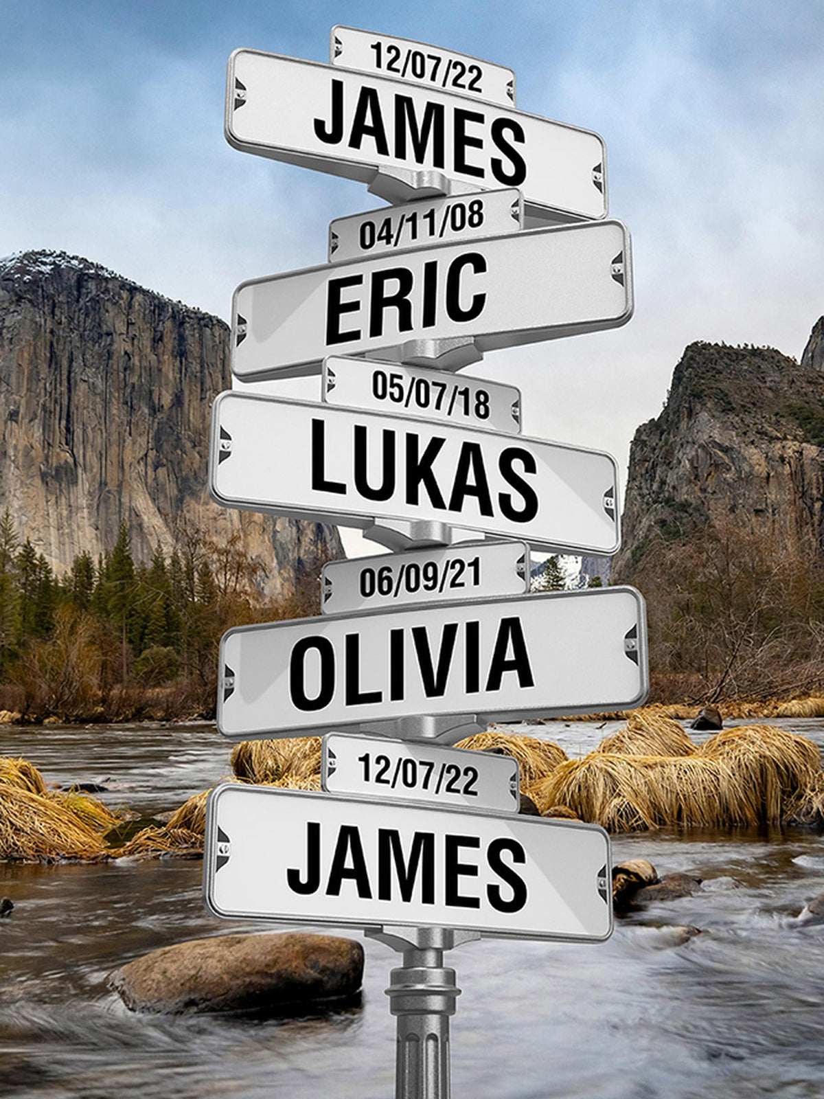 Personalized Family Name Street Sign Canvas Print with Mountain River View