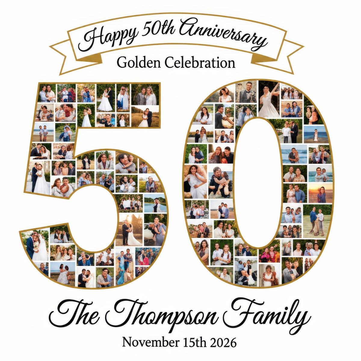 Personalized 50th Anniversary Photo Collage Wall Art Print, Golden Celebration Gift