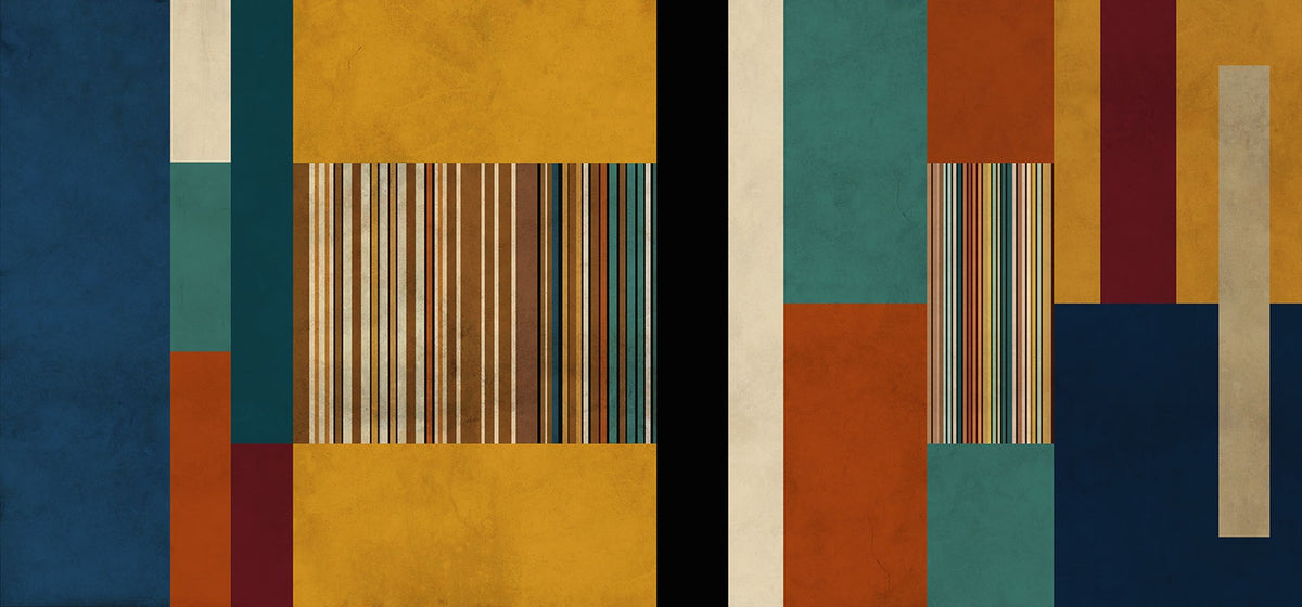 53992657-MGV-CV-48X32-3P - Mid Century Abstract Color Block Canvas Wall Art, Geometric Striped Canvas Print