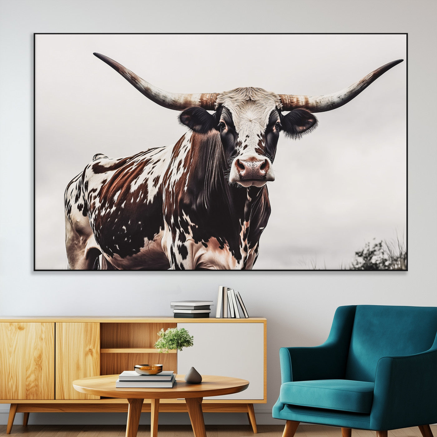 Close-up of a Texas Longhorn bull with powerful horns, perfect for rustic farmhouse or country-themed home decor. Ideal for animal lovers.