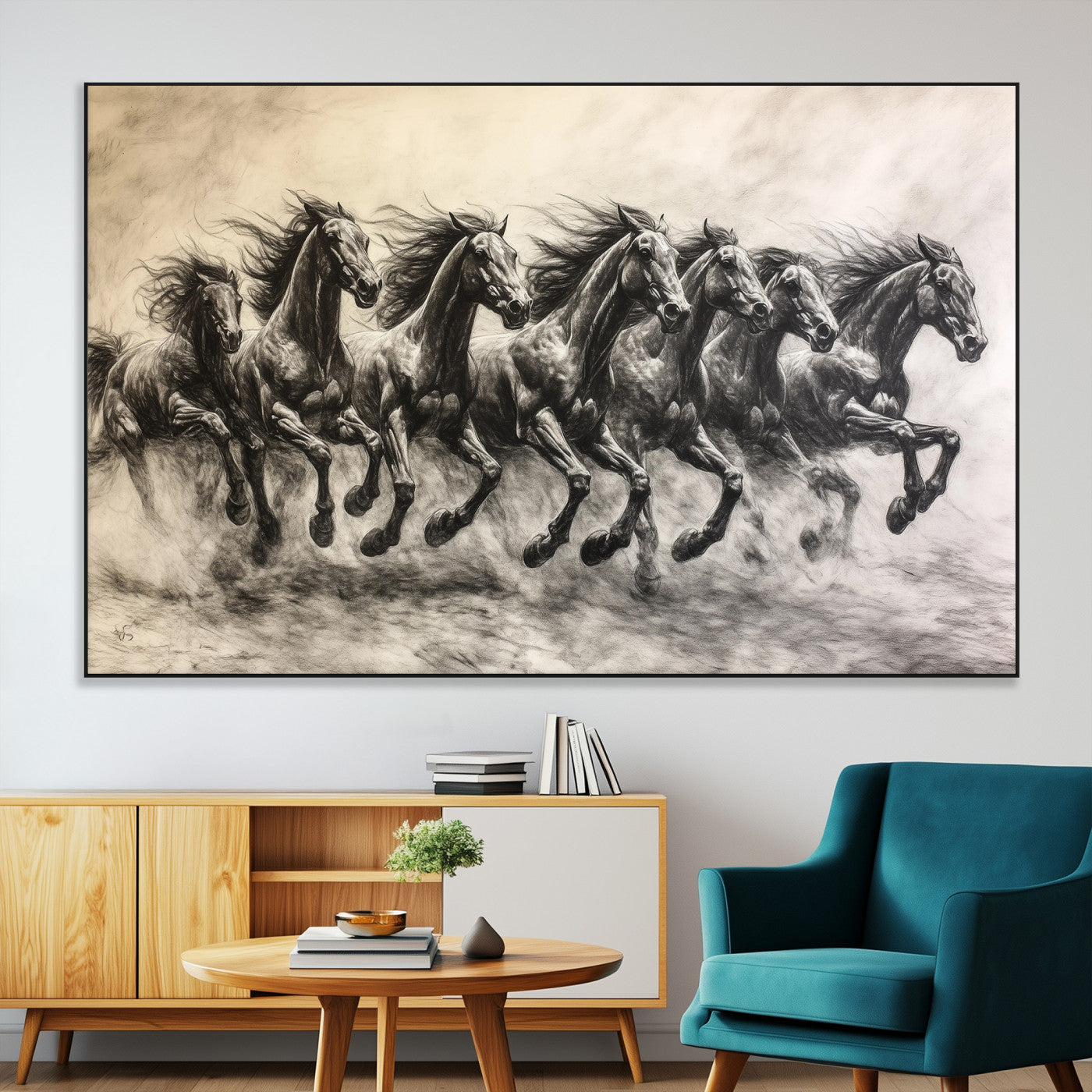 Monochrome drawing of a herd of galloping horses, perfect for dynamic and wild-themed decor in any equestrian or nature-inspired room.