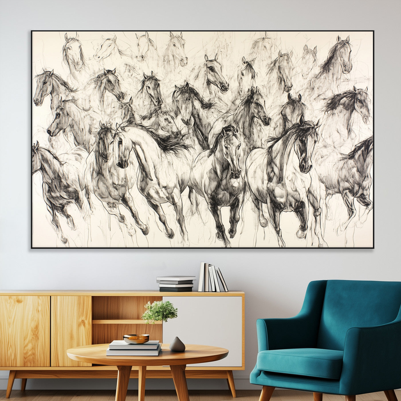 Monochrome ink sketch of galloping horses in dynamic motion, perfect for western or equine-themed wall decor with bold artistic energy.