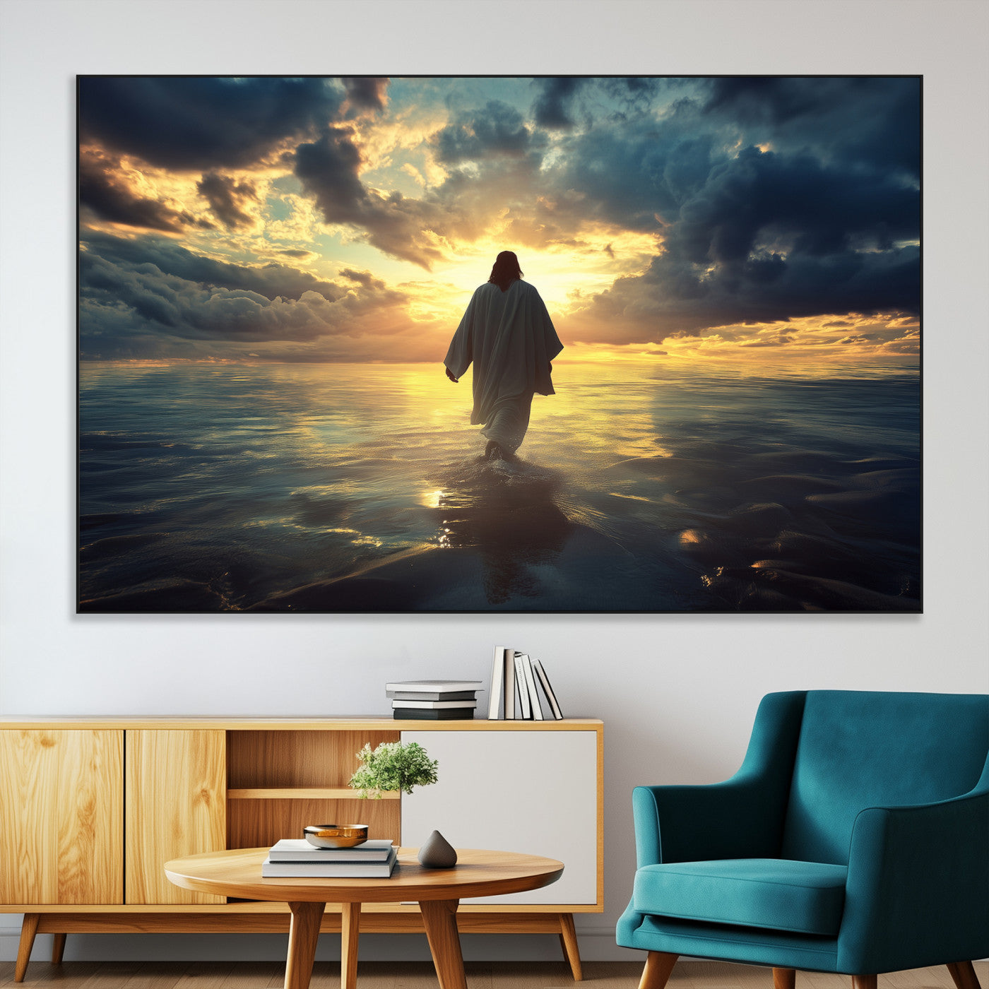 Spiritual artwork of Jesus walking on water at golden hour with divine light, ideal for Christian home decor or prayer room.