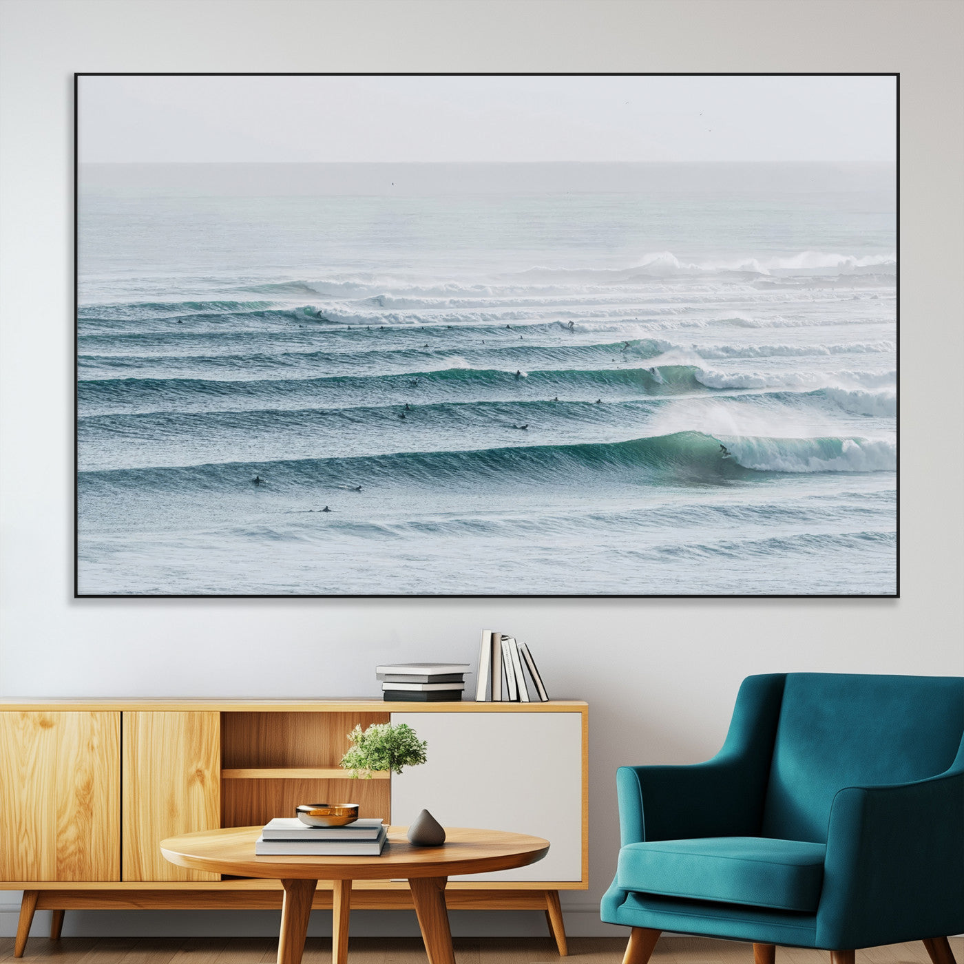 High-angle view of surfers lining up across layered ocean waves, ideal for minimal coastal or surf-inspired room decor.
