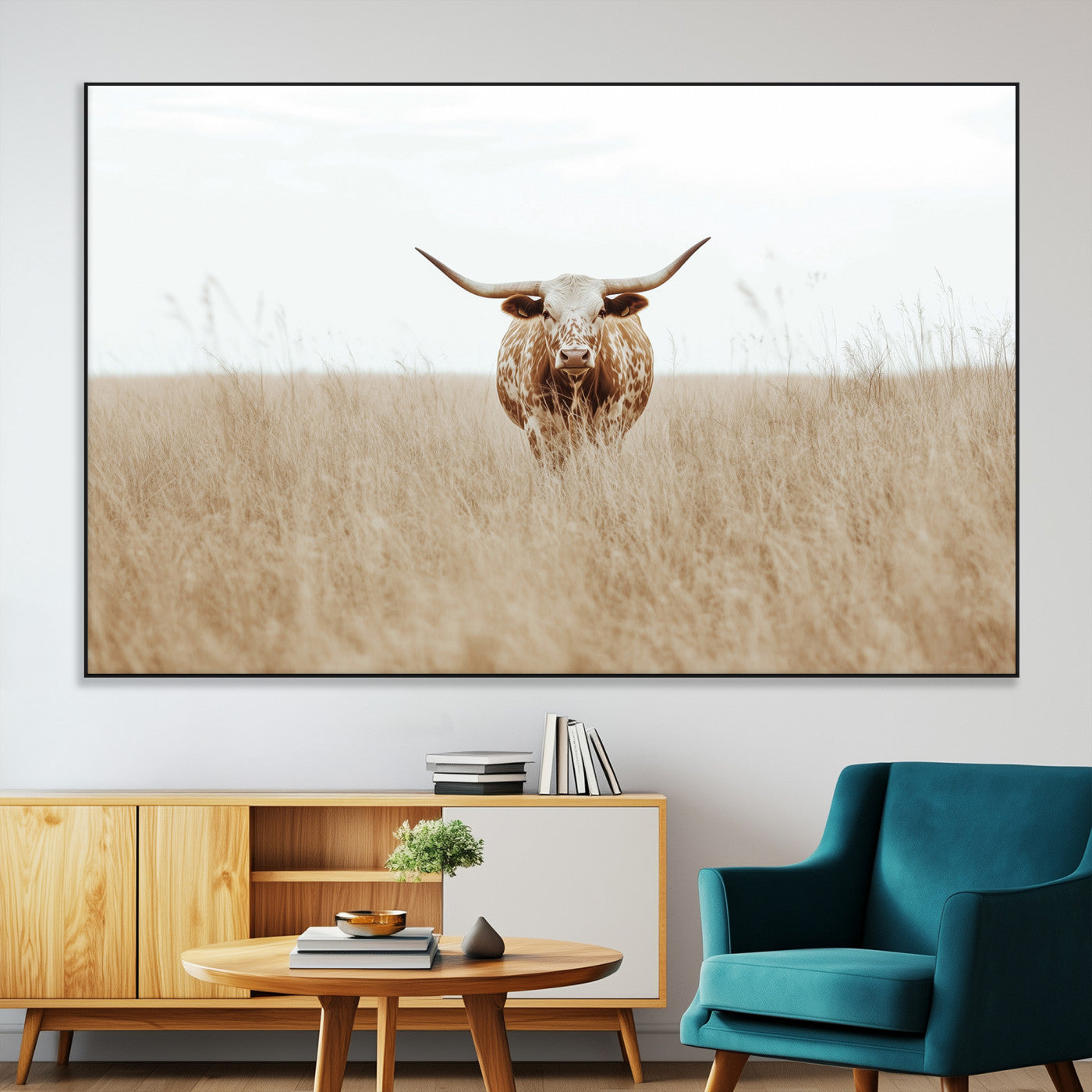 Texas Longhorn bull standing alone in dry grass with neutral tones, ideal for rustic western or cowboy-themed wall decor.