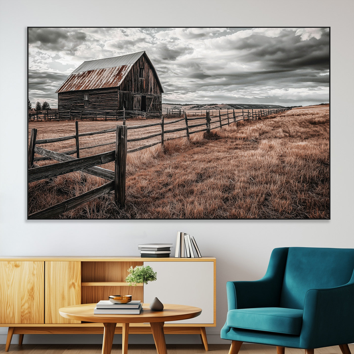 Framed canvas of a rustic barn under a moody sky with weathered fence and dark fields, ideal for farmhouse or rural-style wall decor.