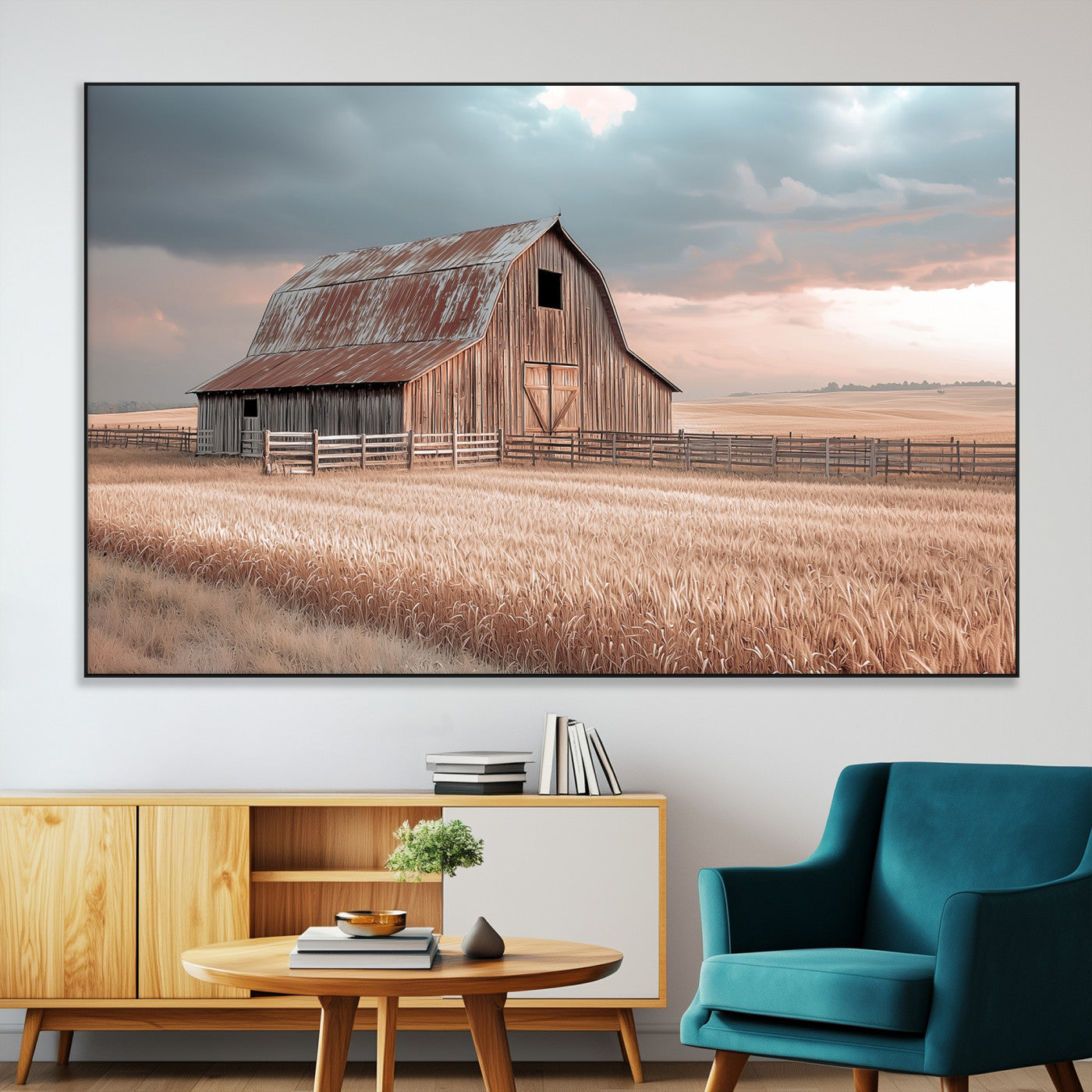 Framed canvas of a rustic barn in a golden wheat field under soft skies, ideal for vintage farmhouse or country-style wall decor.
