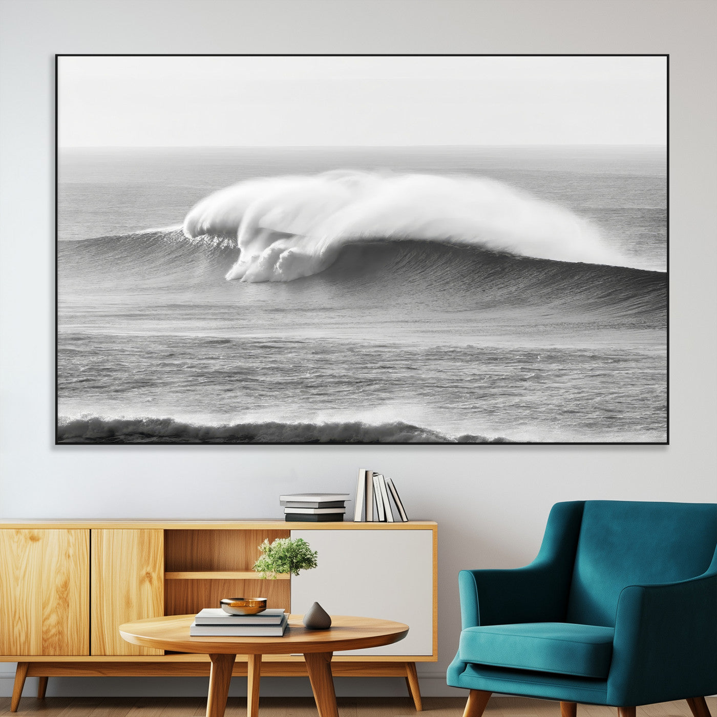 A dramatic black and white ocean wave crashing with immense force, capturing the raw power and movement of the sea in a bold seascape.