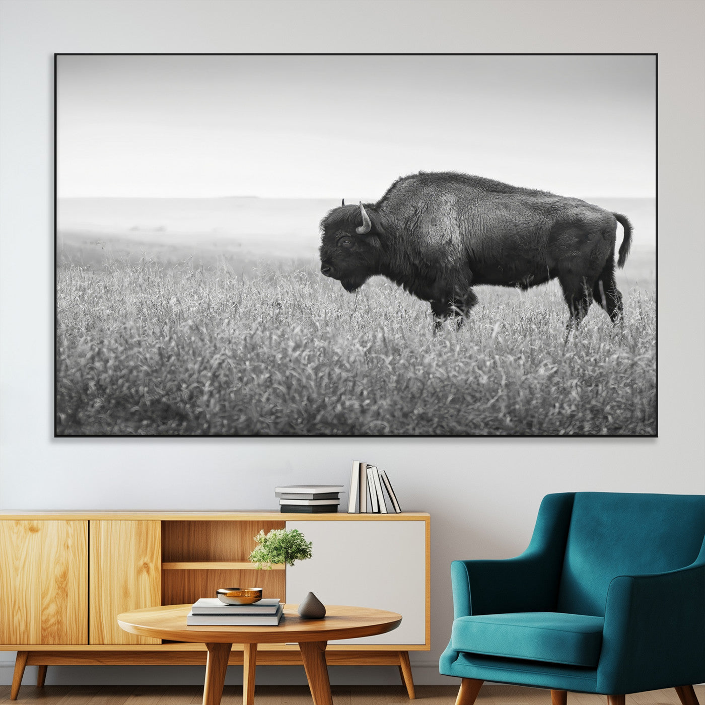 A black and white photograph of a majestic bison standing in a vast grassy prairie, evoking a sense of wilderness and strength.