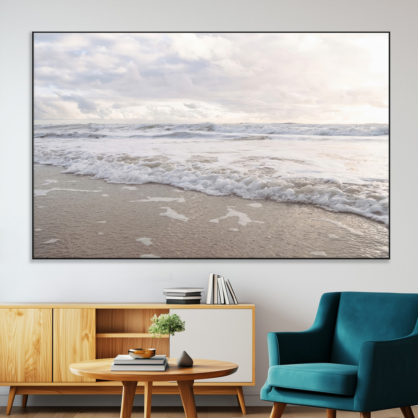 Peaceful ocean waves rolling onto the sandy shore under soft light, perfect for neutral or coastal minimalist decor themes.