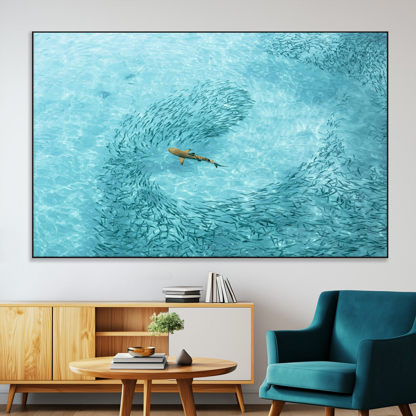 Aerial view of a shark swimming through a swirl of fish in clear turquoise waters, perfect for calm coastal or beach house decor.