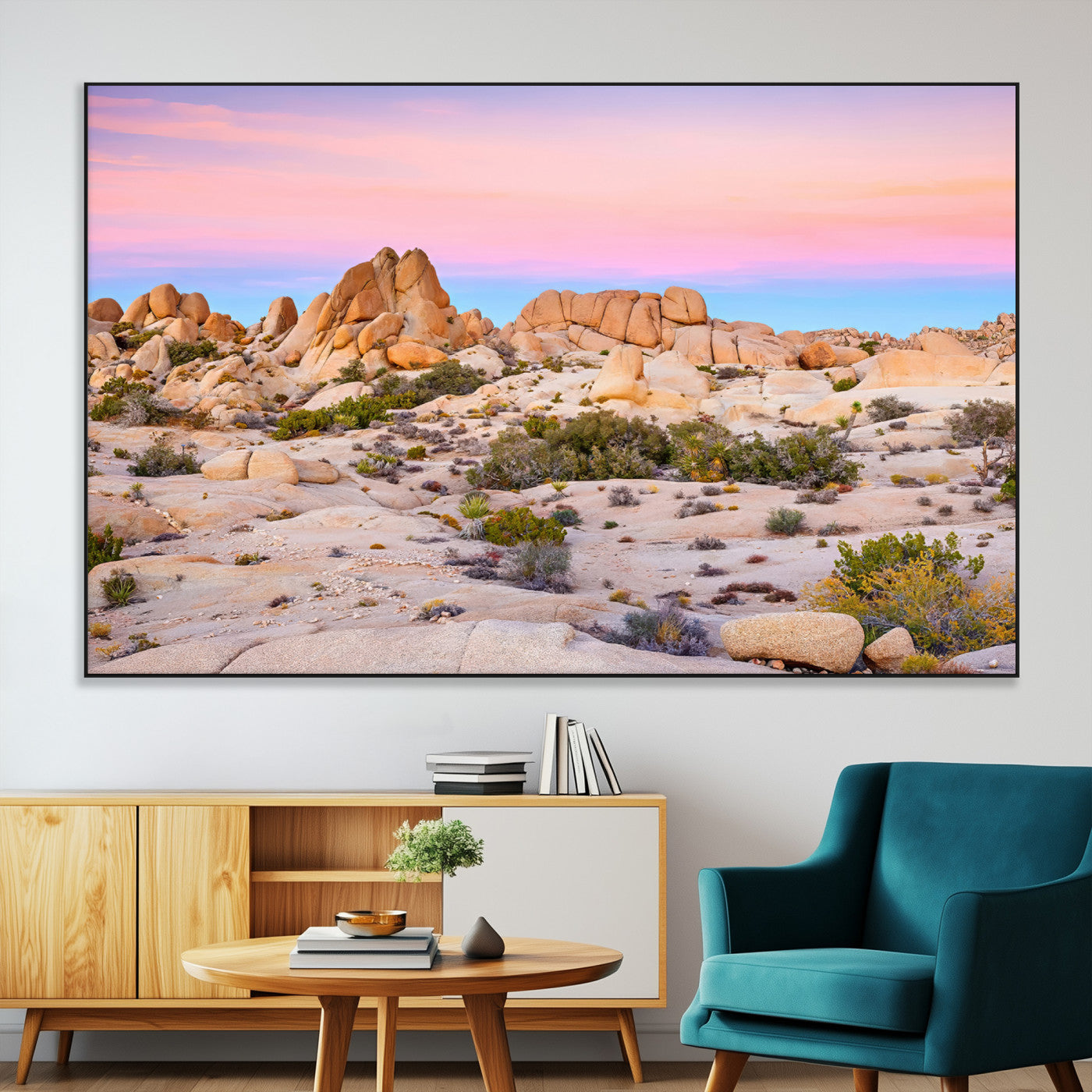 A breathtaking desert landscape featuring rugged rock formations under a vibrant pastel sunset sky, capturing the warmth and serenity of a Southwestern wilderness.
