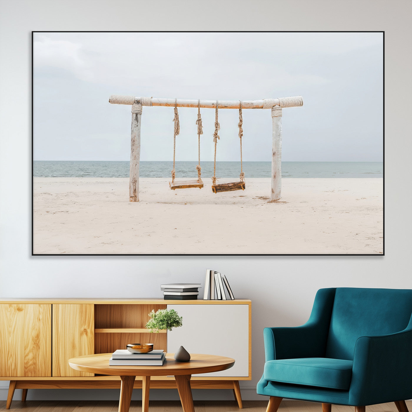 A rustic wooden beach swing stands on a serene sandy shore with an ocean horizon in the background, creating a tranquil and dreamy coastal escape.