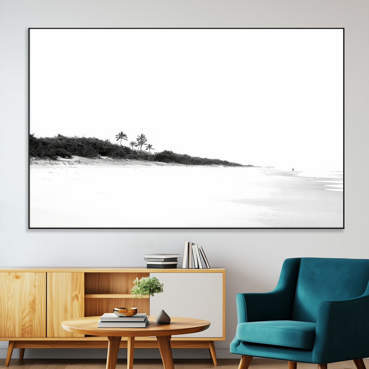 A black and white minimalist coastal scene with a vast open beach, distant palm trees, and a lone figure walking along the shoreline, evoking serenity and solitude.