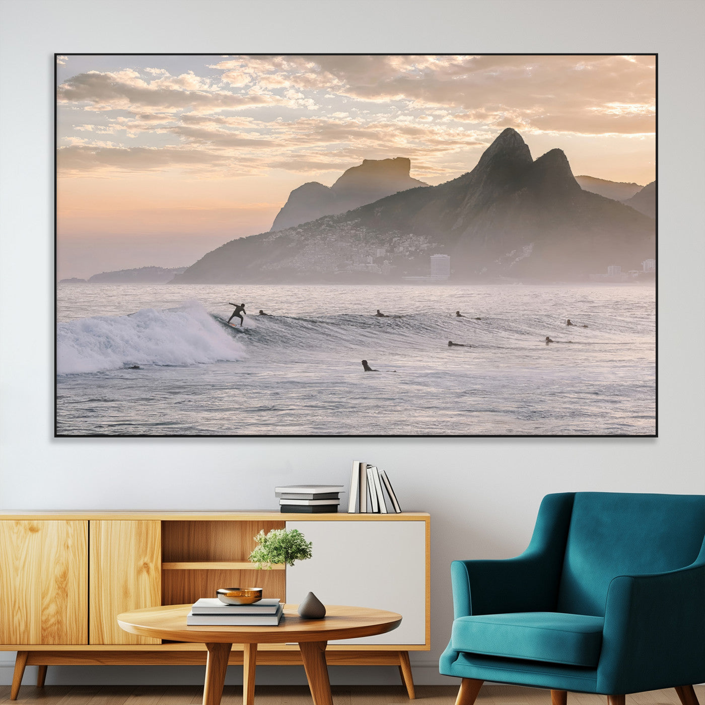 A surfer rides a golden hour wave near misty coastal mountains, surrounded by fellow surfers, capturing the spirit of a coastal adventure.