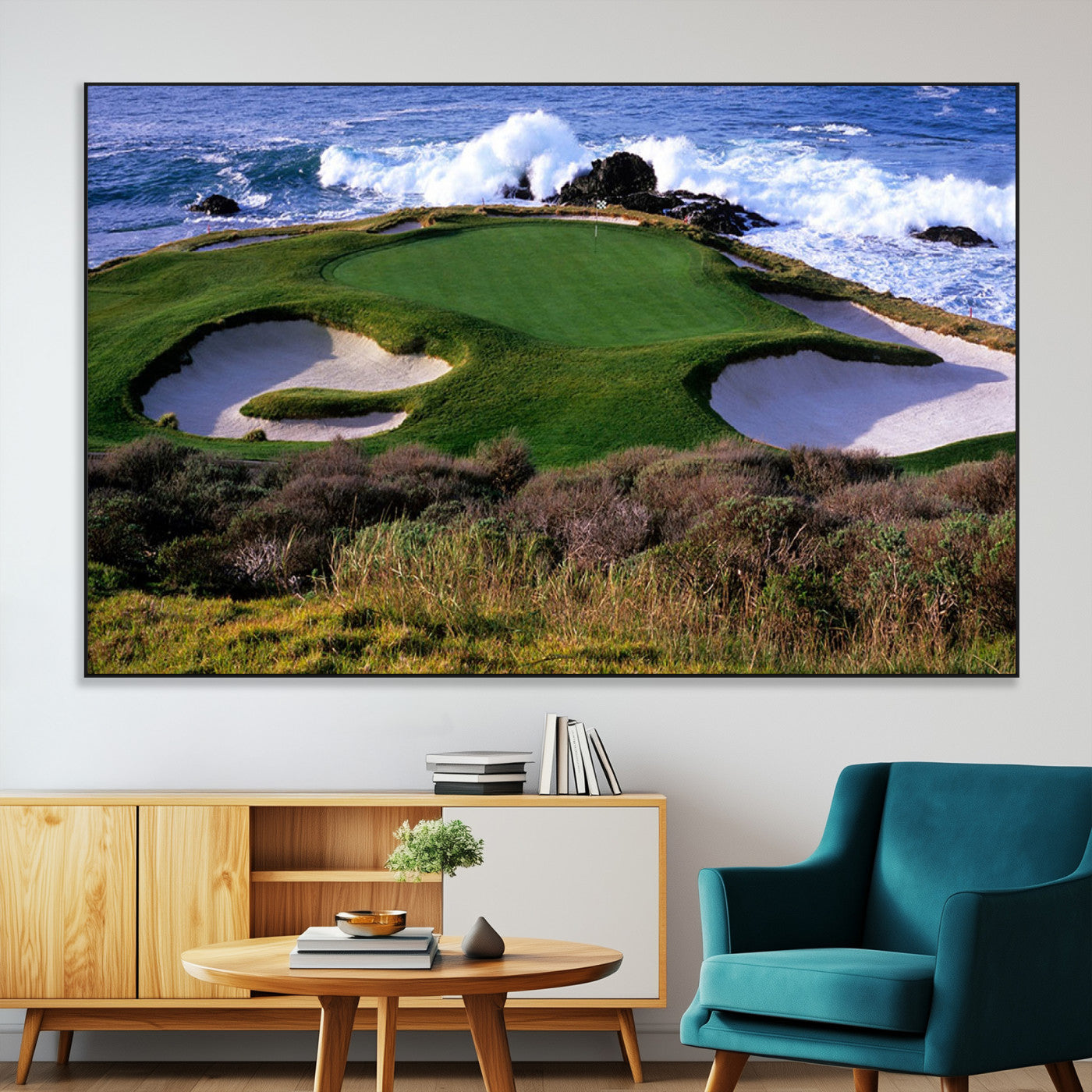 A scenic golf course located by the ocean, featuring a well-manicured green surrounded by sand traps and powerful ocean waves crashing on the shore.