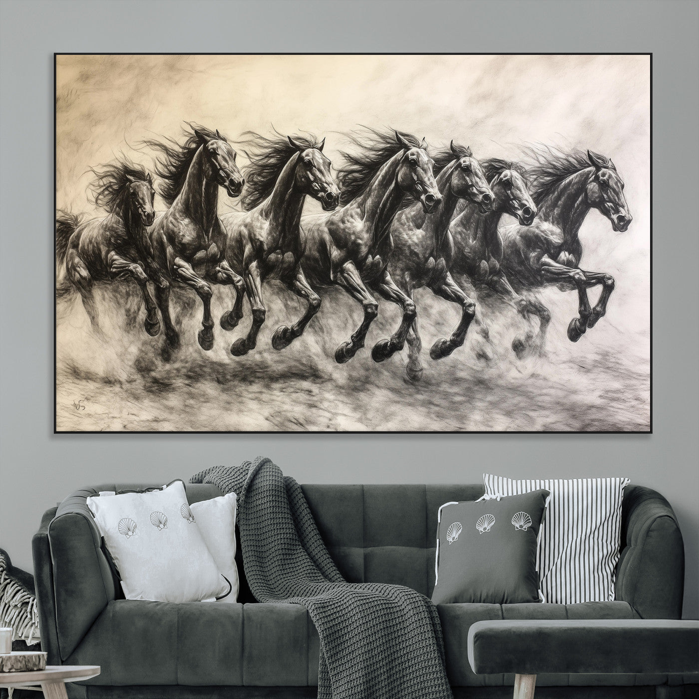 Monochrome drawing of a herd of galloping horses, perfect for dynamic and wild-themed decor in any equestrian or nature-inspired room.