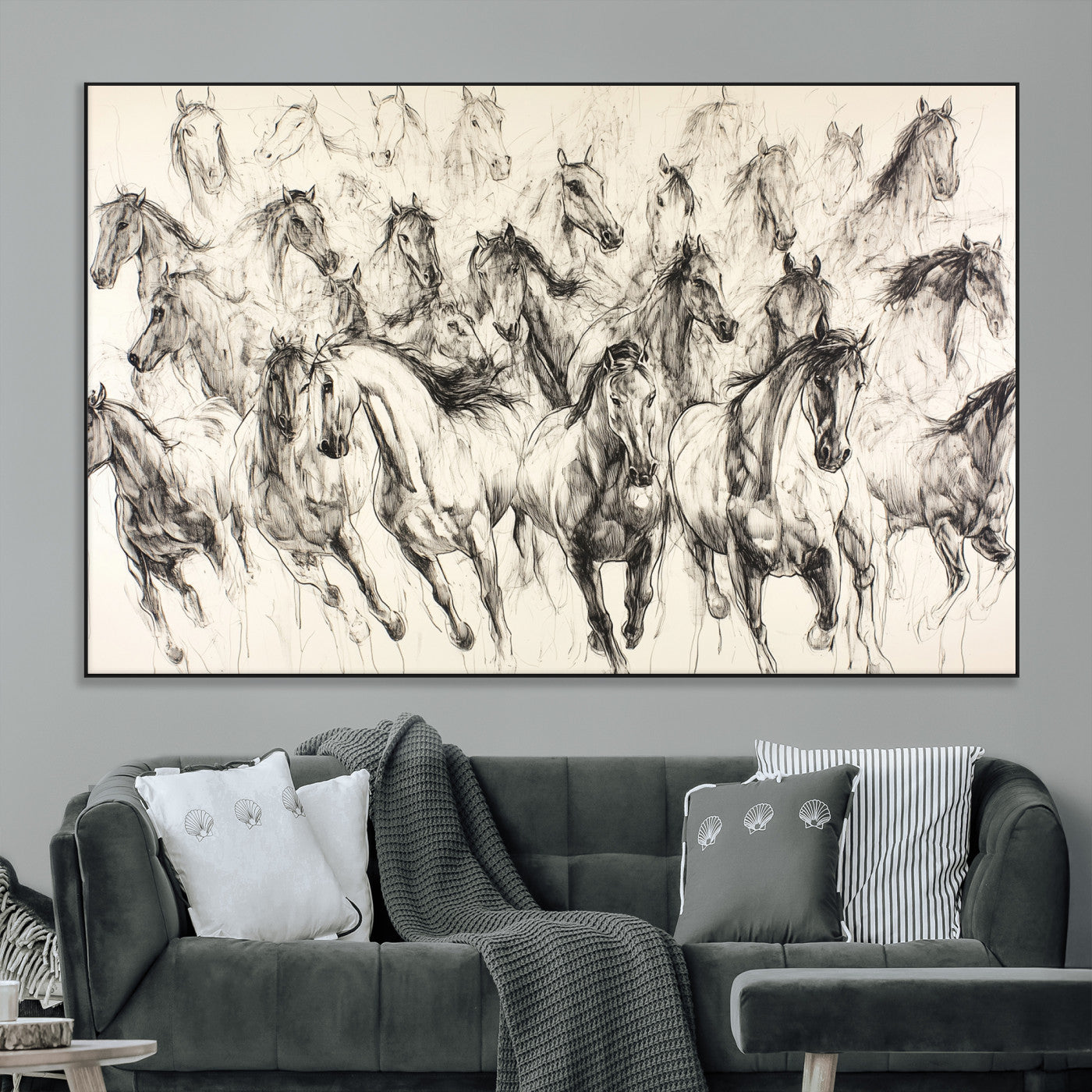 Monochrome ink sketch of galloping horses in dynamic motion, perfect for western or equine-themed wall decor with bold artistic energy.