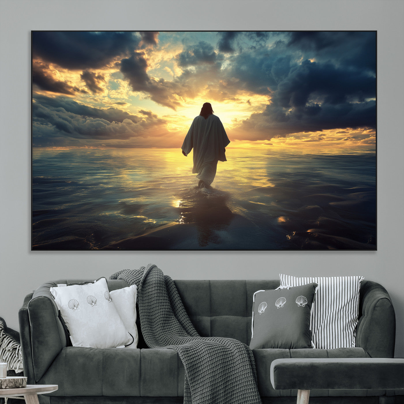 Spiritual artwork of Jesus walking on water at golden hour with divine light, ideal for Christian home decor or prayer room.