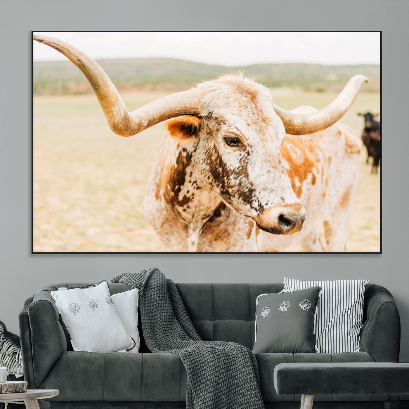Close-up of a speckled Texas Longhorn in warm prairie tones, perfect for rustic western or countryside-themed room decor.