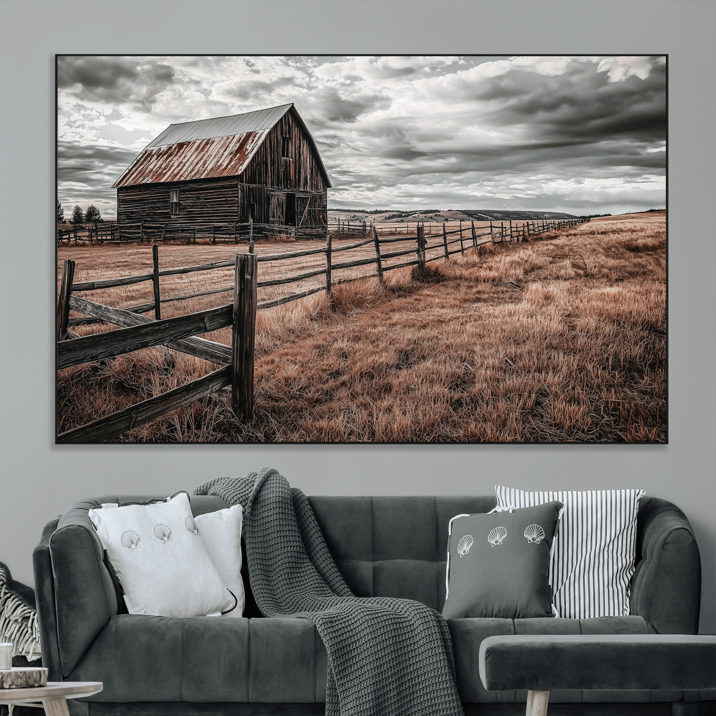 Framed canvas of a rustic barn under a moody sky with weathered fence and dark fields, ideal for farmhouse or rural-style wall decor.
