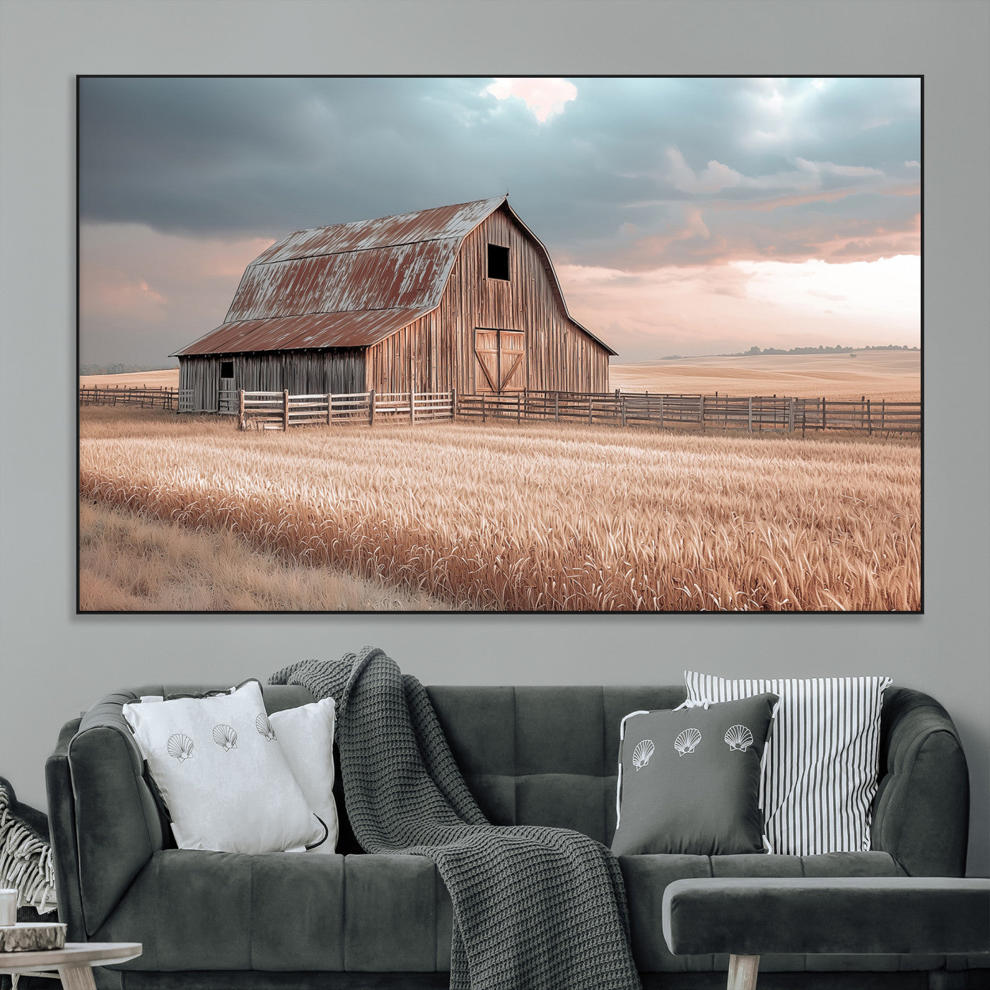 Framed canvas of a rustic barn in a golden wheat field under soft skies, ideal for vintage farmhouse or country-style wall decor.