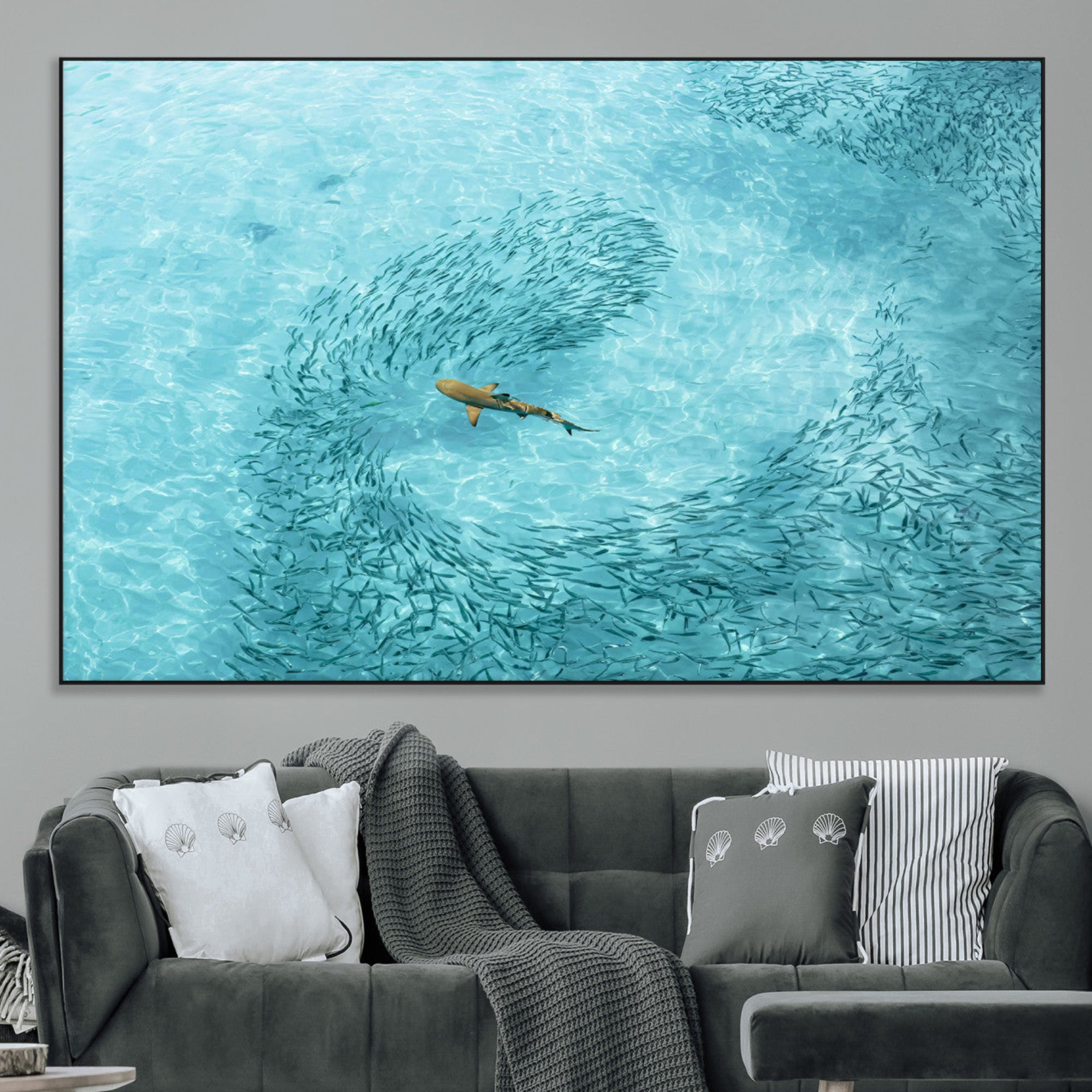 -Fish Swarm Wall Art Canvas Print – Framed Marine Life Art Picture Shark Aerial Artwork for Home, Office, Living Room