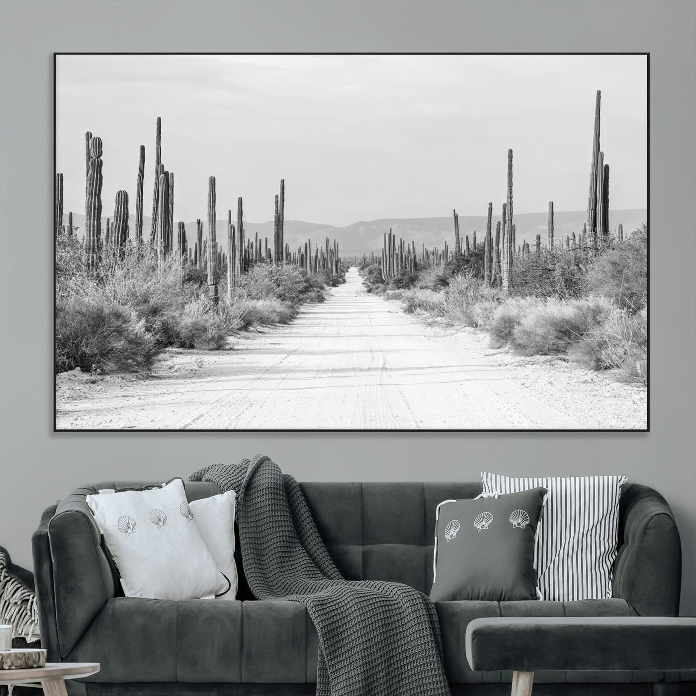 A black and white desert road stretching through a cactus-filled landscape, creating a rugged and timeless southwestern aesthetic with a sense of adventure.