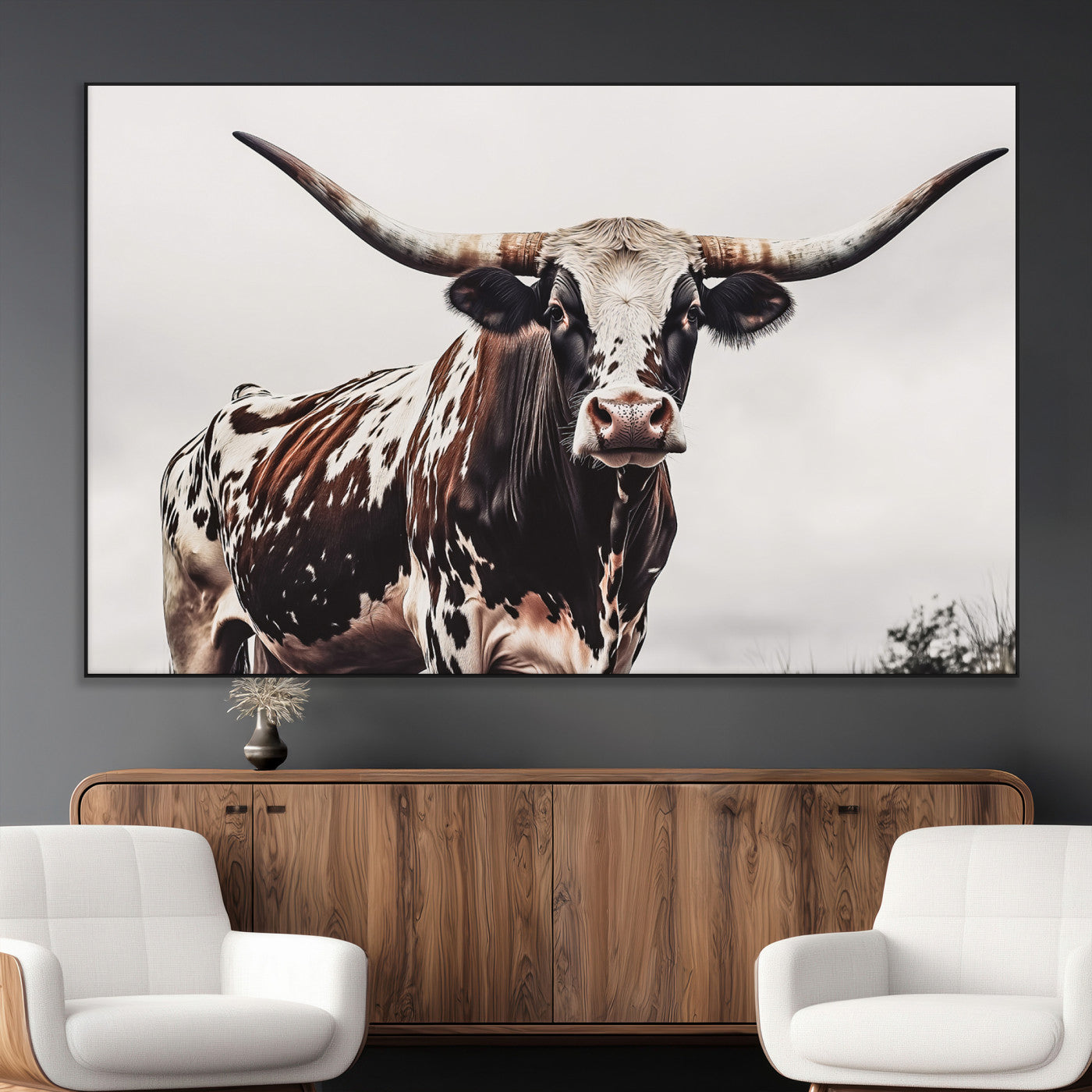 Close-up of a Texas Longhorn bull with powerful horns, perfect for rustic farmhouse or country-themed home decor. Ideal for animal lovers.