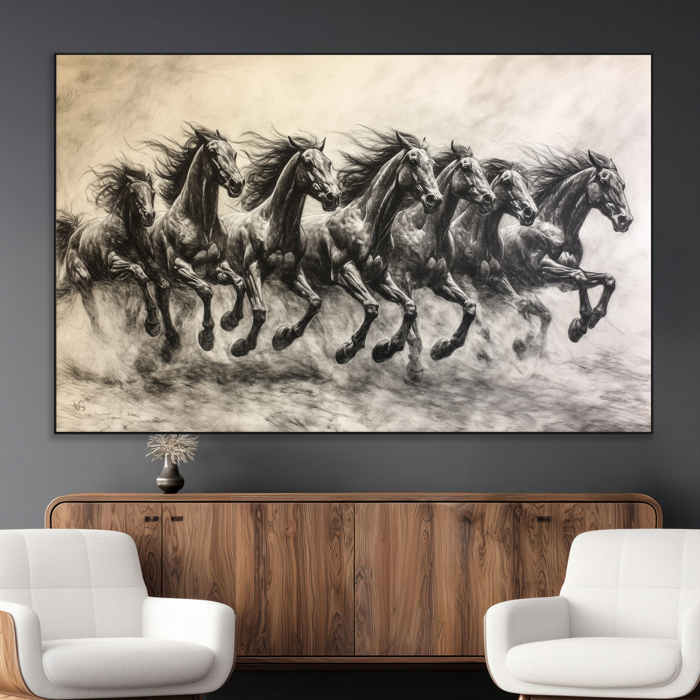 Monochrome drawing of a herd of galloping horses, perfect for dynamic and wild-themed decor in any equestrian or nature-inspired room.