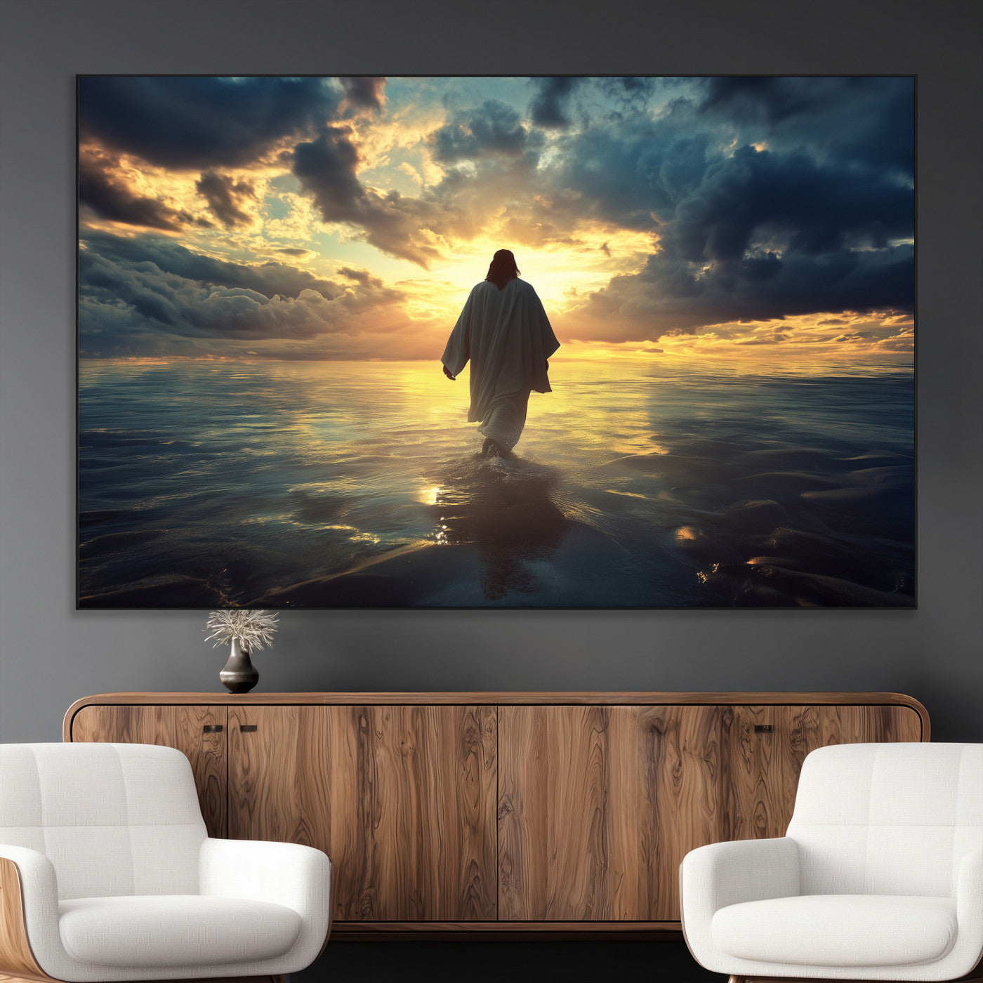 Spiritual artwork of Jesus walking on water at golden hour with divine light, ideal for Christian home decor or prayer room.