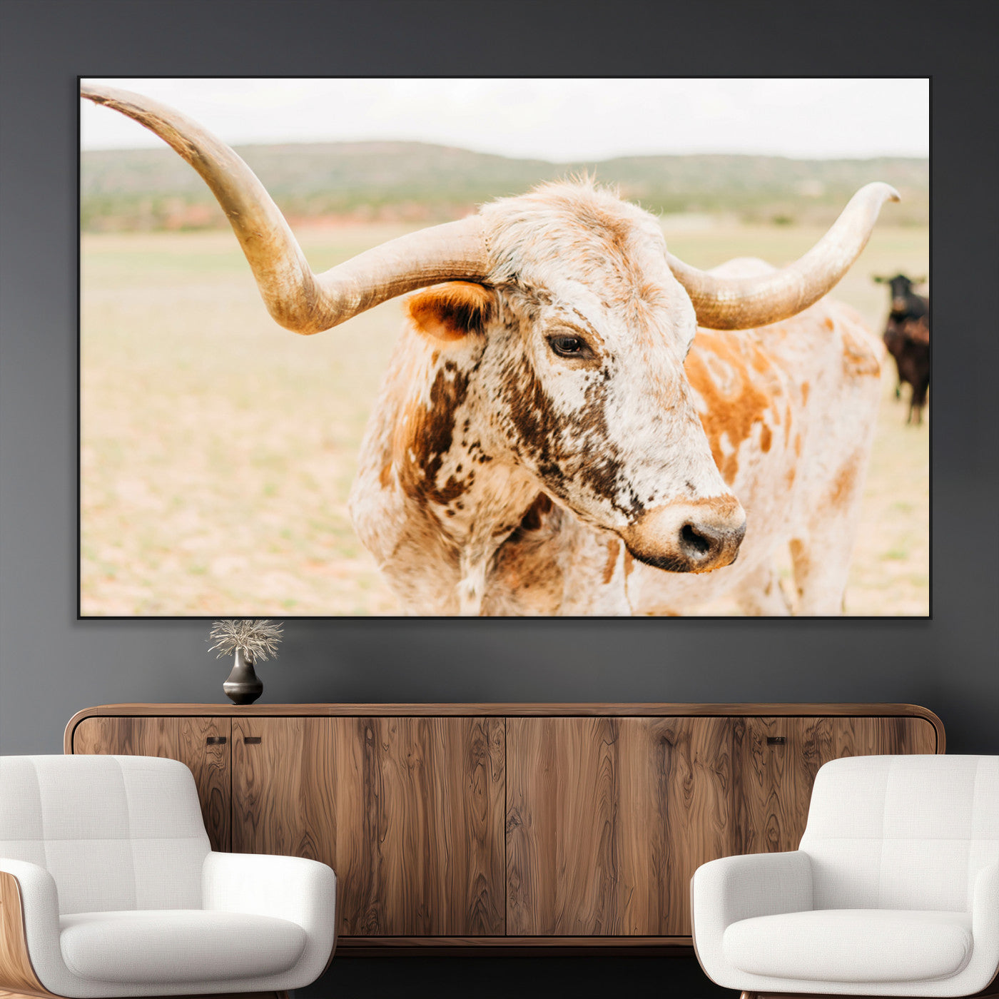Close-up of a speckled Texas Longhorn in warm prairie tones, perfect for rustic western or countryside-themed room decor.