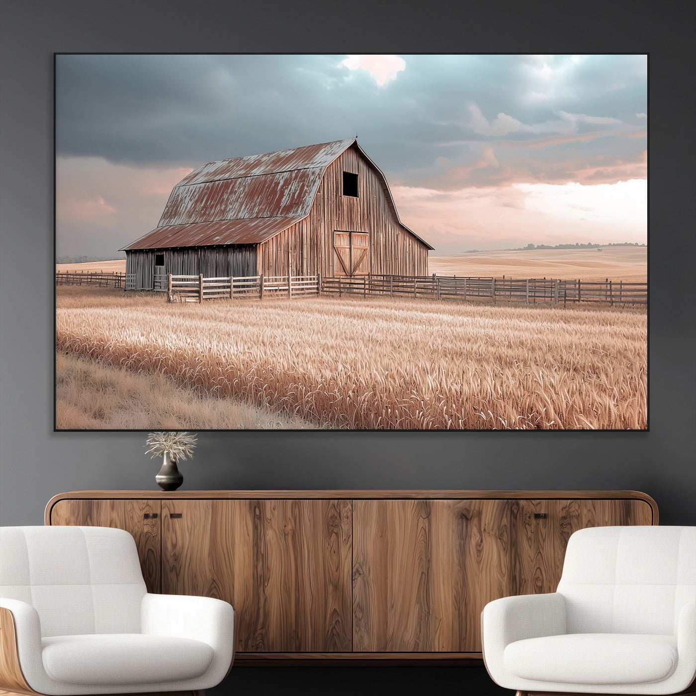 Framed canvas of a rustic barn in a golden wheat field under soft skies, ideal for vintage farmhouse or country-style wall decor.