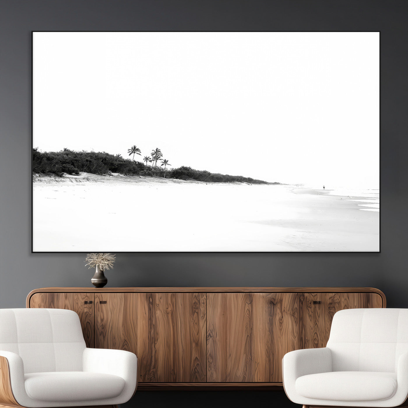 A black and white minimalist coastal scene with a vast open beach, distant palm trees, and a lone figure walking along the shoreline, evoking serenity and solitude.