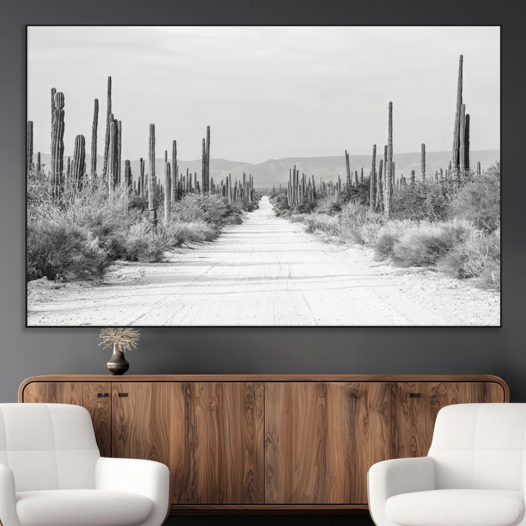 35537313-MGV-CV-36X24-Monochrome Desert Wall Art Canvas Print – Framed Cactus Path Art Picture Southwestern Artwork for Home, Office