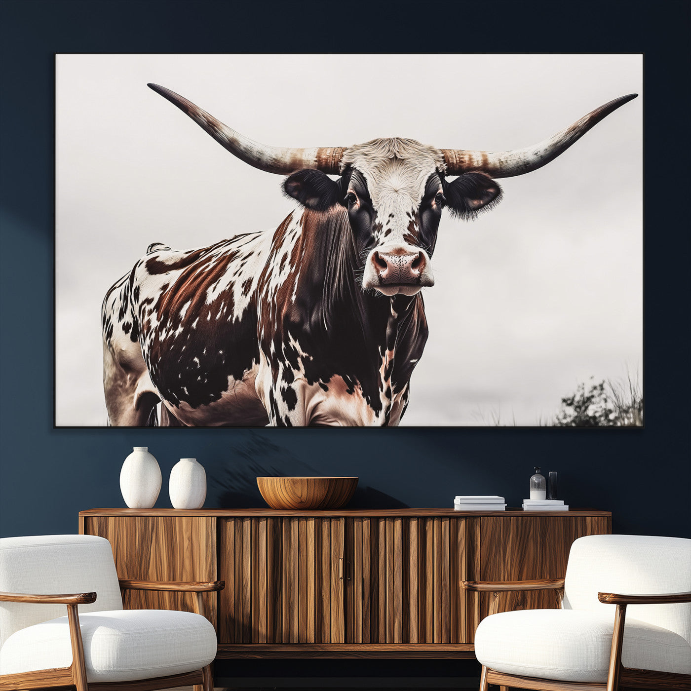 Close-up of a Texas Longhorn bull with powerful horns, perfect for rustic farmhouse or country-themed home decor. Ideal for animal lovers.
