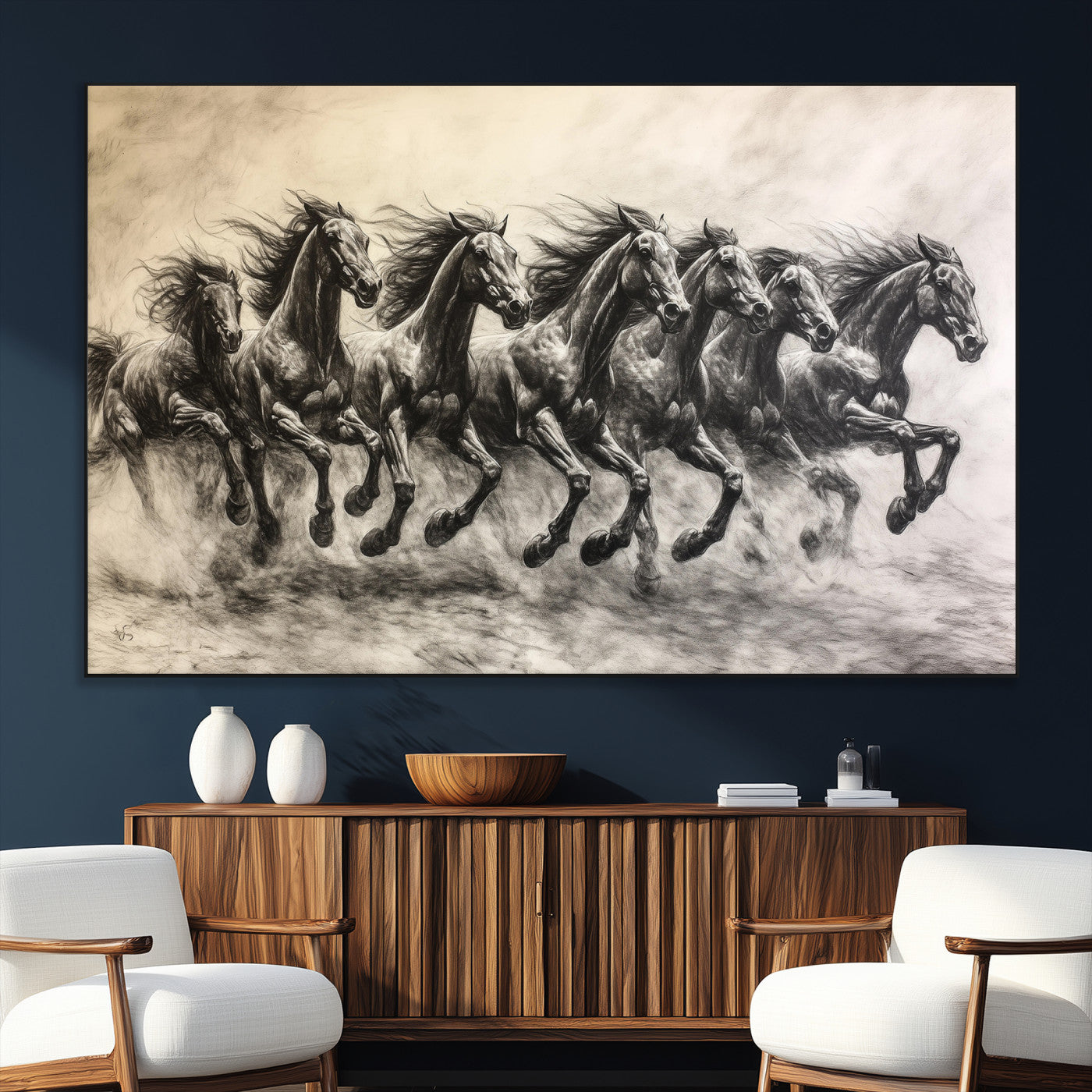 Monochrome drawing of a herd of galloping horses, perfect for dynamic and wild-themed decor in any equestrian or nature-inspired room.