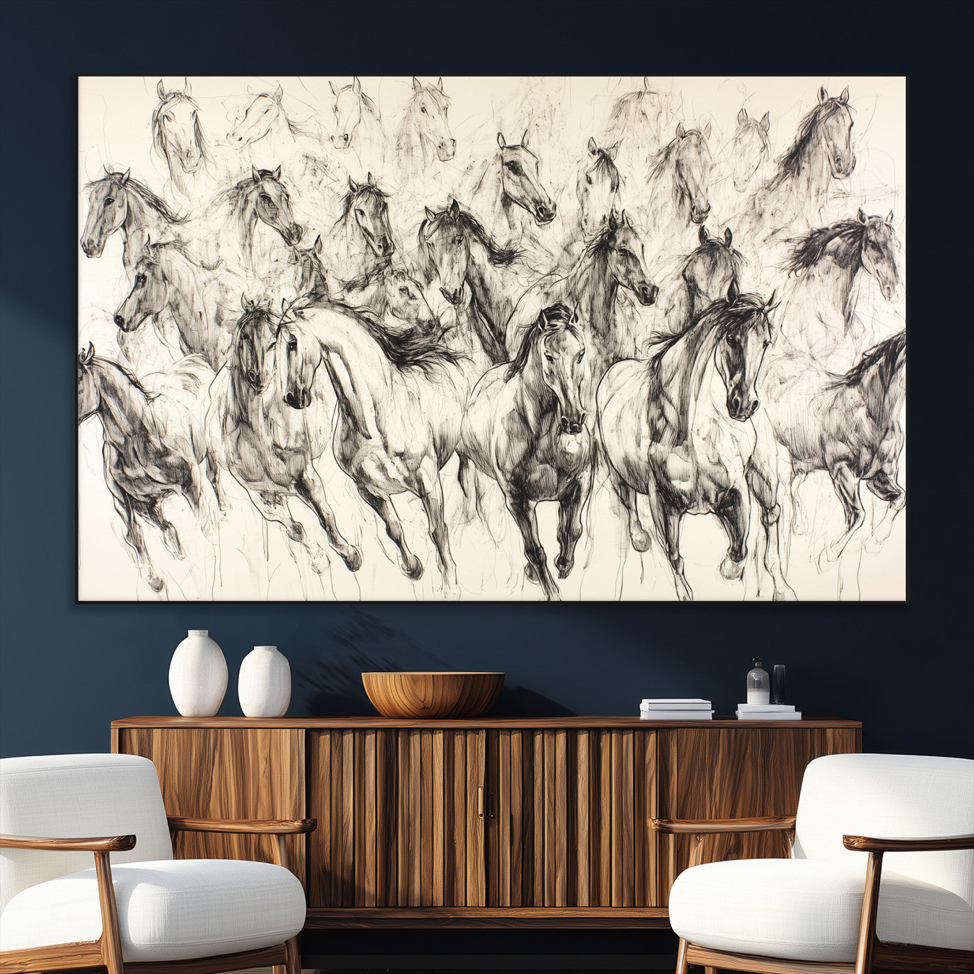 Monochrome ink sketch of galloping horses in dynamic motion, perfect for western or equine-themed wall decor with bold artistic energy.