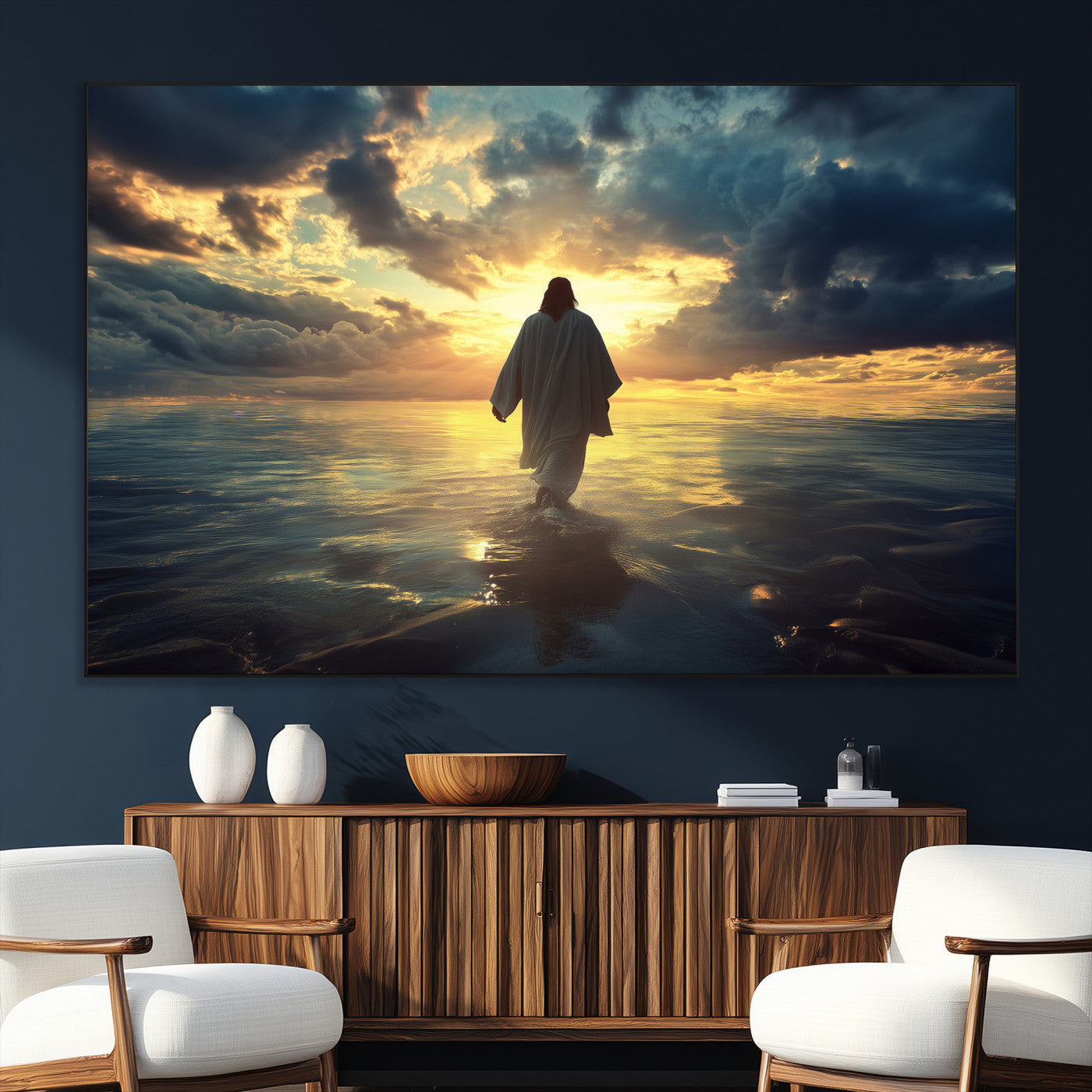 Spiritual artwork of Jesus walking on water at golden hour with divine light, ideal for Christian home decor or prayer room.