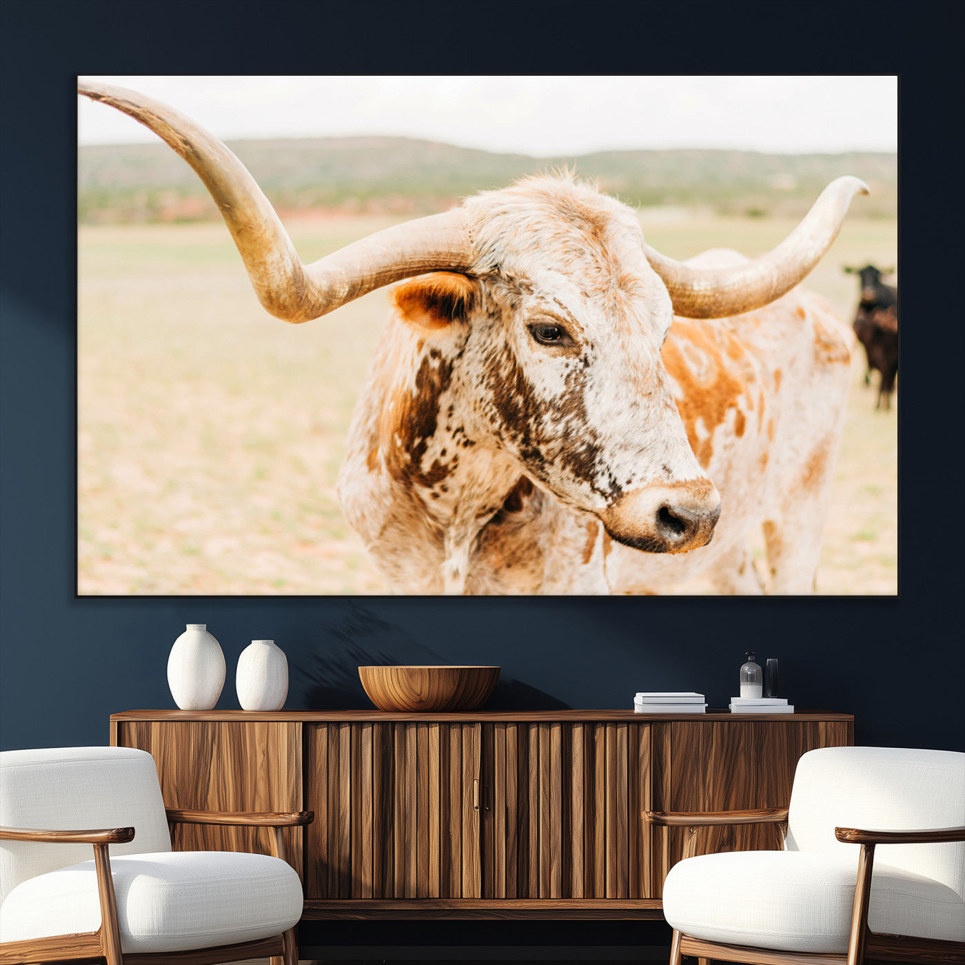 Close-up of a speckled Texas Longhorn in warm prairie tones, perfect for rustic western or countryside-themed room decor.