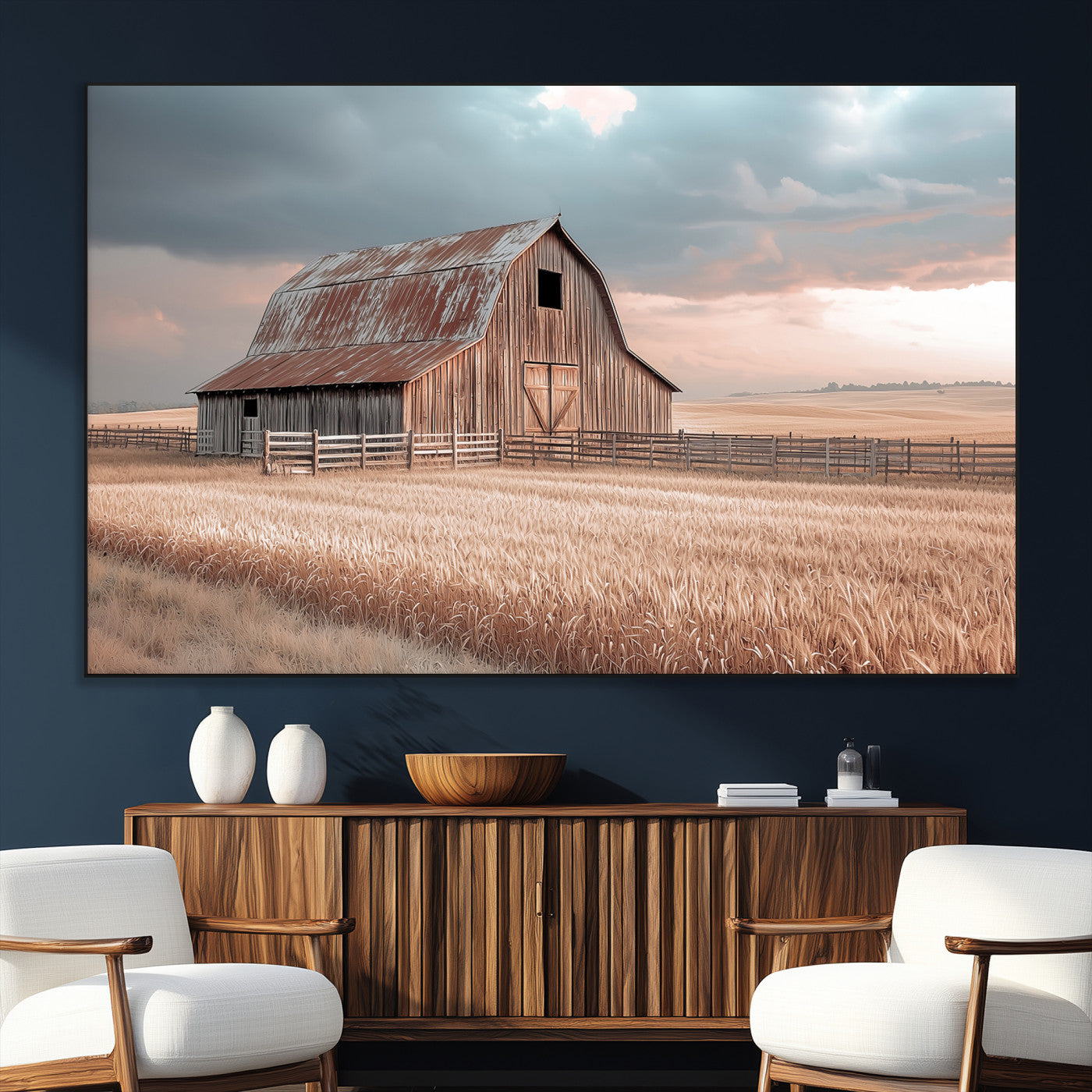 Framed canvas of a rustic barn in a golden wheat field under soft skies, ideal for vintage farmhouse or country-style wall decor.