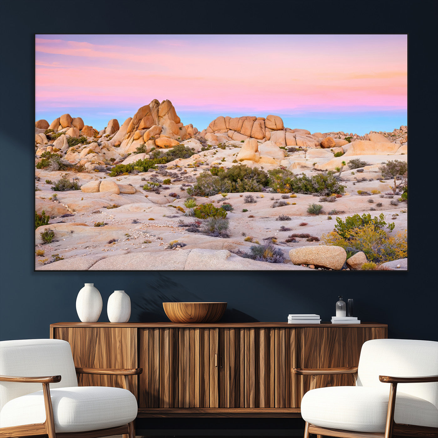 A breathtaking desert landscape featuring rugged rock formations under a vibrant pastel sunset sky, capturing the warmth and serenity of a Southwestern wilderness.
