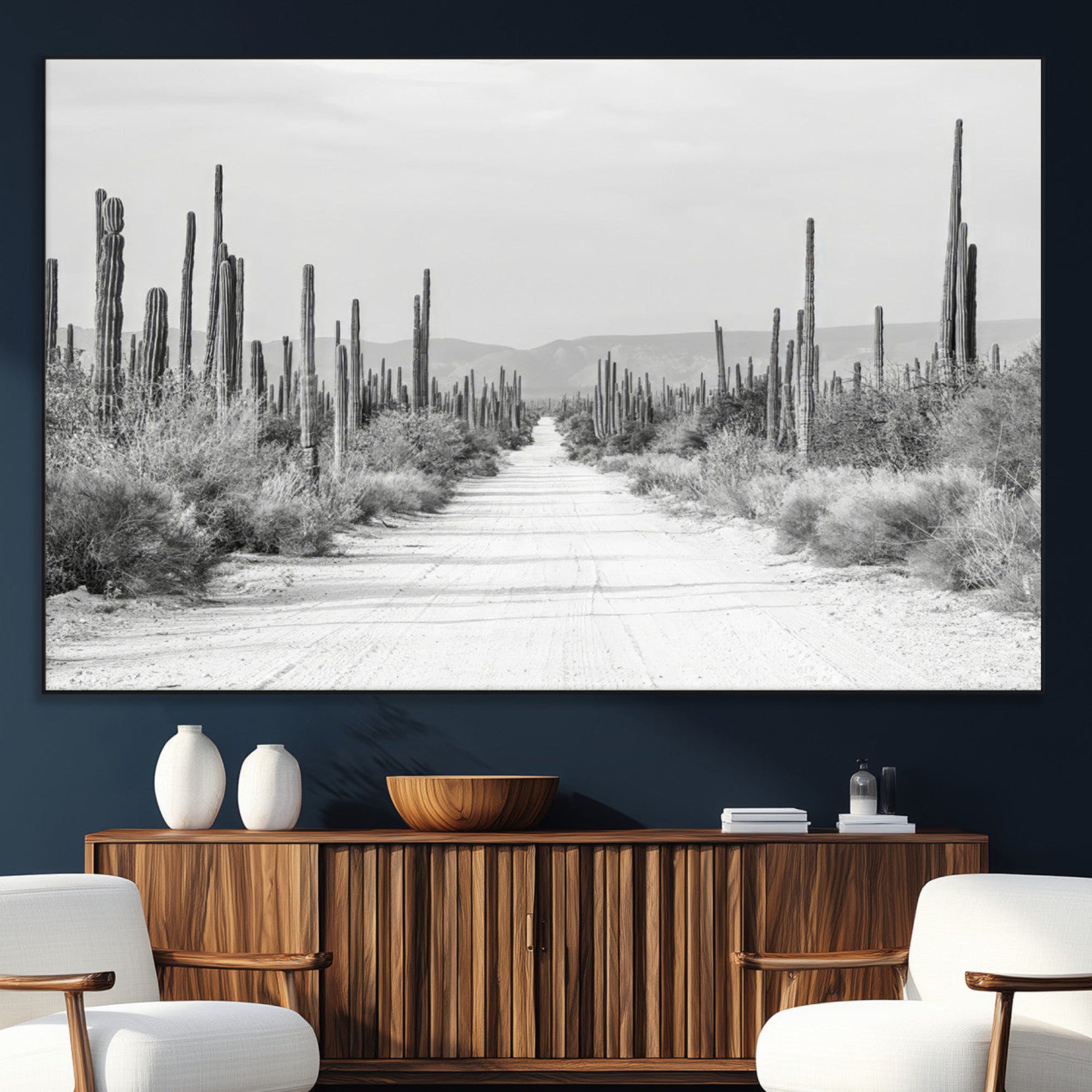 35537313-MGV-CV-36X24-Monochrome Desert Wall Art Canvas Print – Framed Cactus Path Art Picture Southwestern Artwork for Home, Office