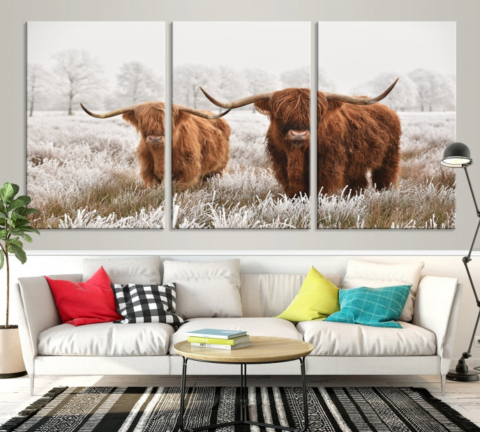 Highland Cows in Winter Canvas Wall Art – Rustic Farmhouse Triptych – Animal Photography Print for Living Room or Office – Ready to Hang