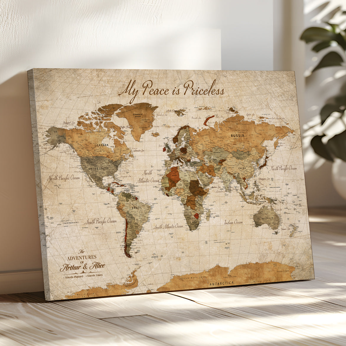 -Framed Push Pin World Travel Map – Canvas Wall Art for Tracking Adventures, Decorative Vintage Style Map with Pins for Home or Office - H1